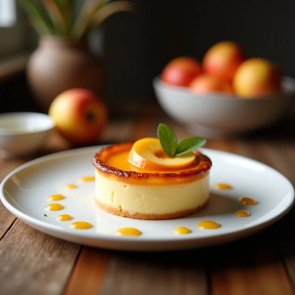 Tarte Tatin de Manzana y Miso Blanco en plato de cerámica blanca, con manzanas caramelizadas en espiral, corteza dorada y crujiente, espolvoreada con semillas de sésamo y acompañada de una bola de helado de matcha. Postre francés-japonés con toque umami.