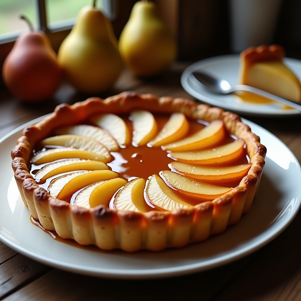 Tarte tatin de pera con caramelo salado dorado, masa de hojaldre crujiente y peras caramelizadas dispuestas en círculo, servida en plato blanco rústico.