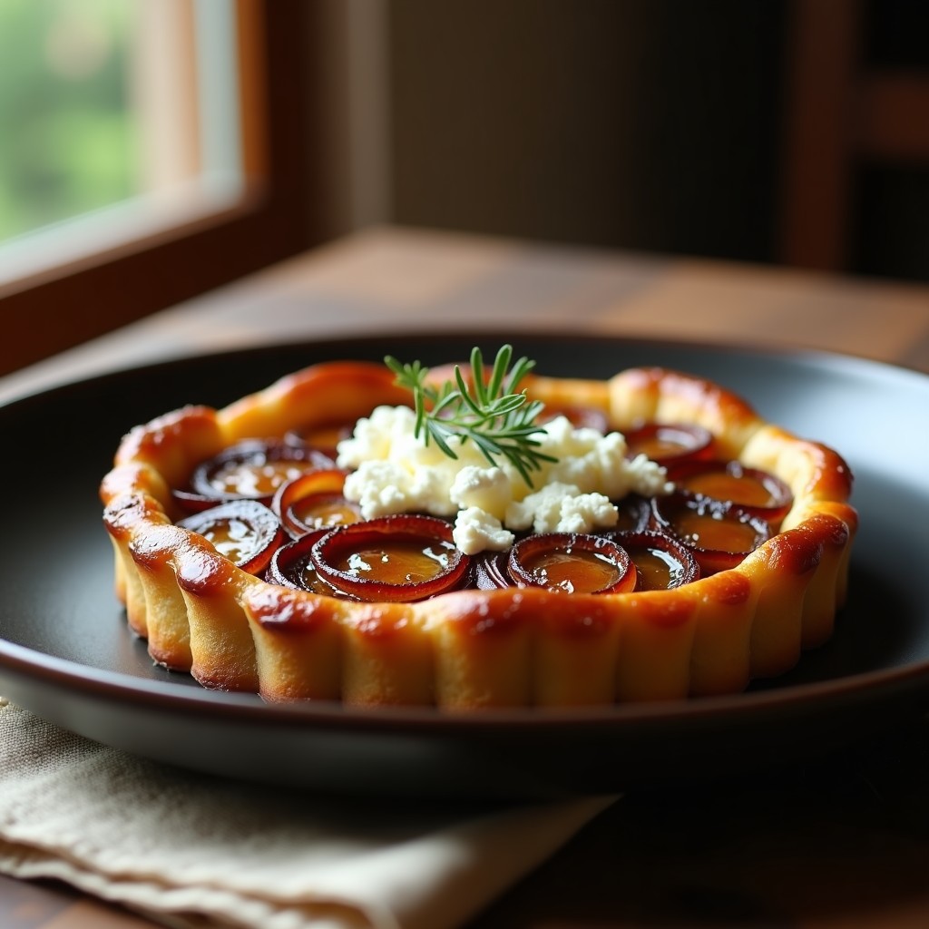 Tarte tatin salada dorada con cebolla caramelizada brillante y trozos de queso de cabra, servida en plato rústico de cerámica.