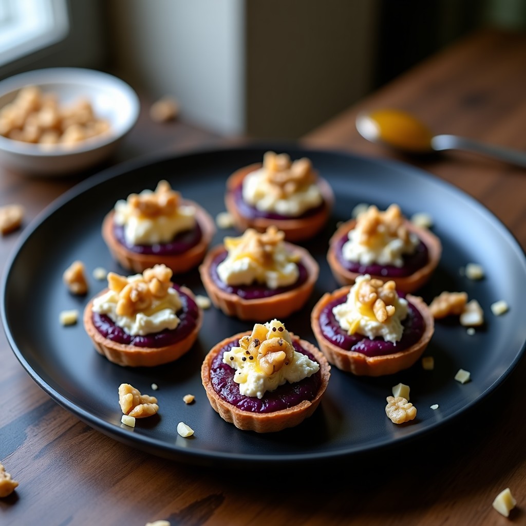 Tarteletas individuales de batata morada con base crujiente de almendras y coco, rellenas de queso azul desmenuzado, nueces picadas y un hilo dorado de miel de trufa, servidas en plato negro sobre fondo rústico.