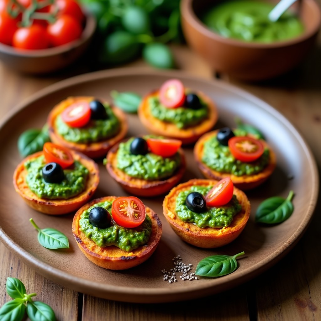 Tarteletas de batata doradas en forma redonda con relleno verde de pesto de albahaca y anacardos, decoradas con tomates cherry, aceitunas y semillas de chía, sobre un plato de madera rústica. Receta en airfryer sin gluten y vegana.