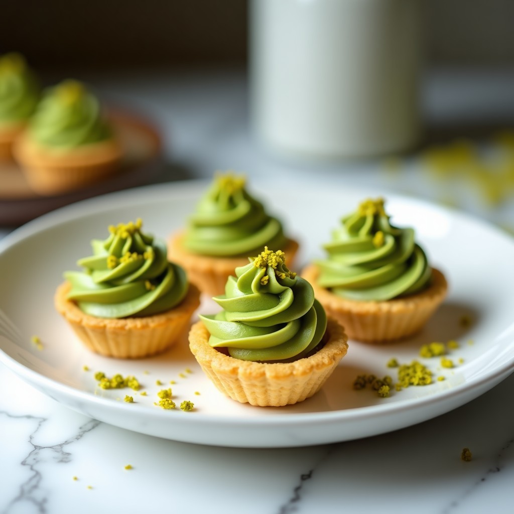 Tarteletas individuales con base crujiente de galleta de arroz y crema verde de pistacho y matcha, decoradas con pistachos picados sobre fondo blanco.