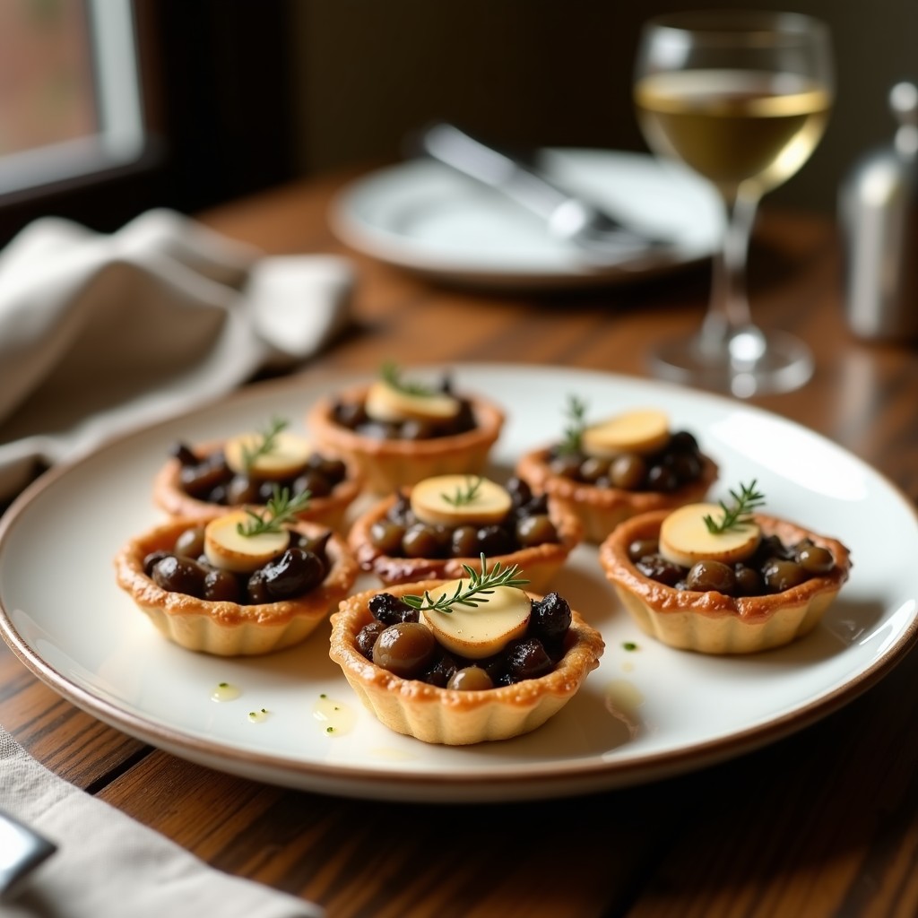 Tarteletas doradas en molde redondo con relleno cremoso de morillas y foie gras, decoradas con tomillo fresco sobre fondo rústico.