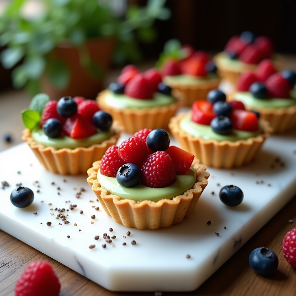 Tartelettes elegantes con base dorada de almendra y coco, rellenas de crema verde de matcha y coronadas con chocolate blanco sin azúcar y frutos rojos frescos. Postre fusión japonés-francés sin azúcar.