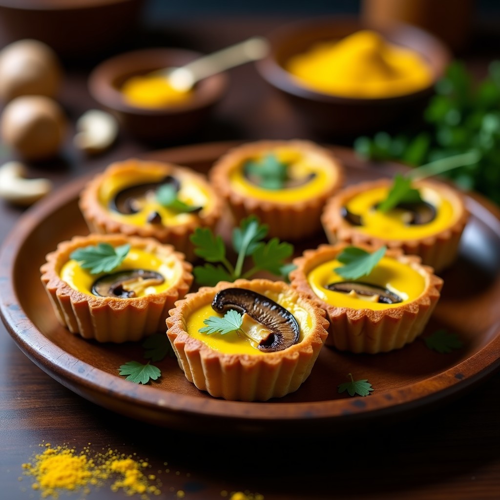 Tartelettes doradas de masarepa rellenas de champiñones portobello salteados y crema de queso de cúrcuma amarilla, decoradas con cilantro fresco sobre un plato de madera rústico.