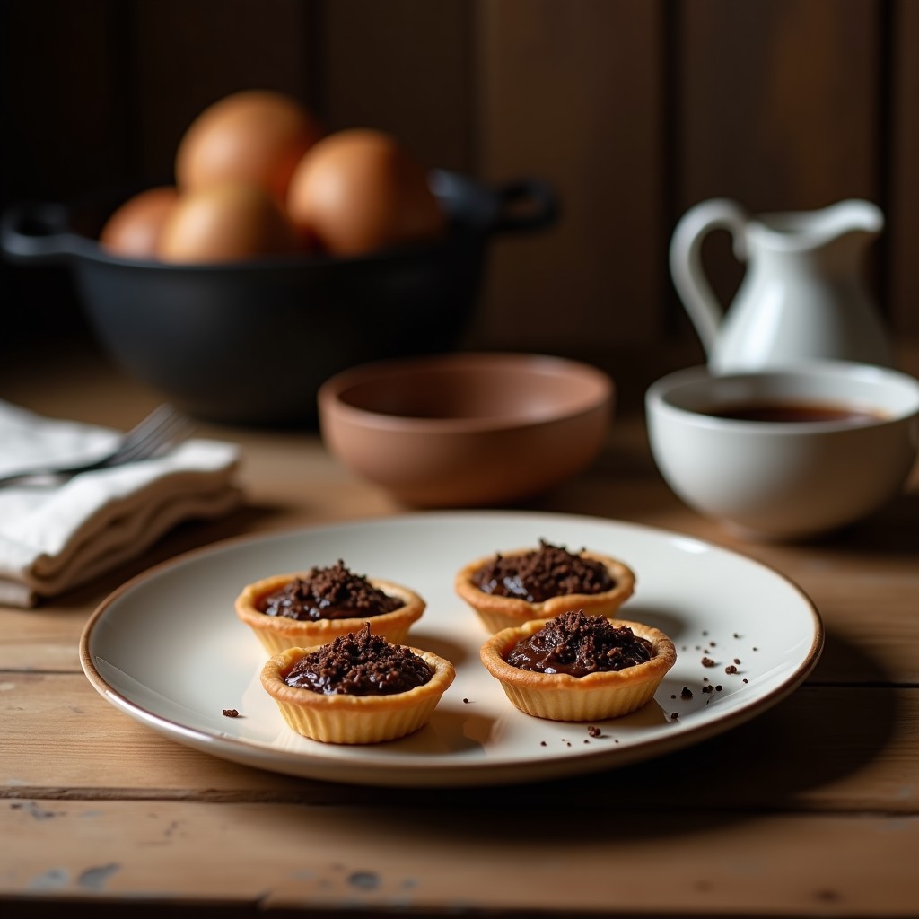 Tartelettes de miso y chocolate negro en moldes dorados, con base crujiente de almendra y coco, relleno brillante de chocolate negro y semillas de sésamo negro espolvoreadas. Postre japonés vegano con umami y sin azúcar, servido sobre una bandeja de madera oscura con hojas de menta.