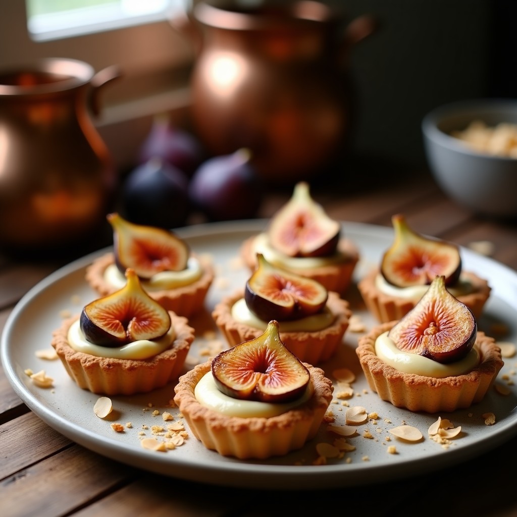 Tartelettes individuales con base dorada de almendras y dátiles, rellenas de crema suave de queso de cashews y coronadas con higos frescos caramelizados en sirope de agave. Postre francés elegante sin lactosa ni azúcar, servido en plato blanco con detalles rústicos.
