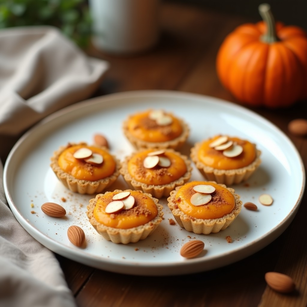 Tartelettes de quinoa y puré de calabaza en moldes dorados, decoradas con nueces picadas y coco rallado, sobre una mesa de madera rústica con especias al fondo.