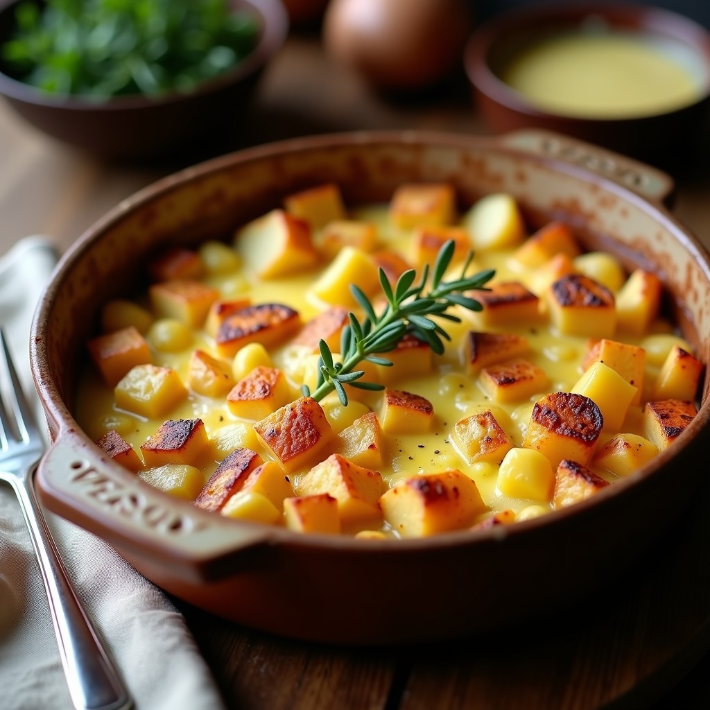 Fuente de barro con tartiflette vegana gratinada, capas de patatas, tofu ahumado y coliflor dorada, cubiertas de salsa cremosa de anacardos y tomillo fresco.