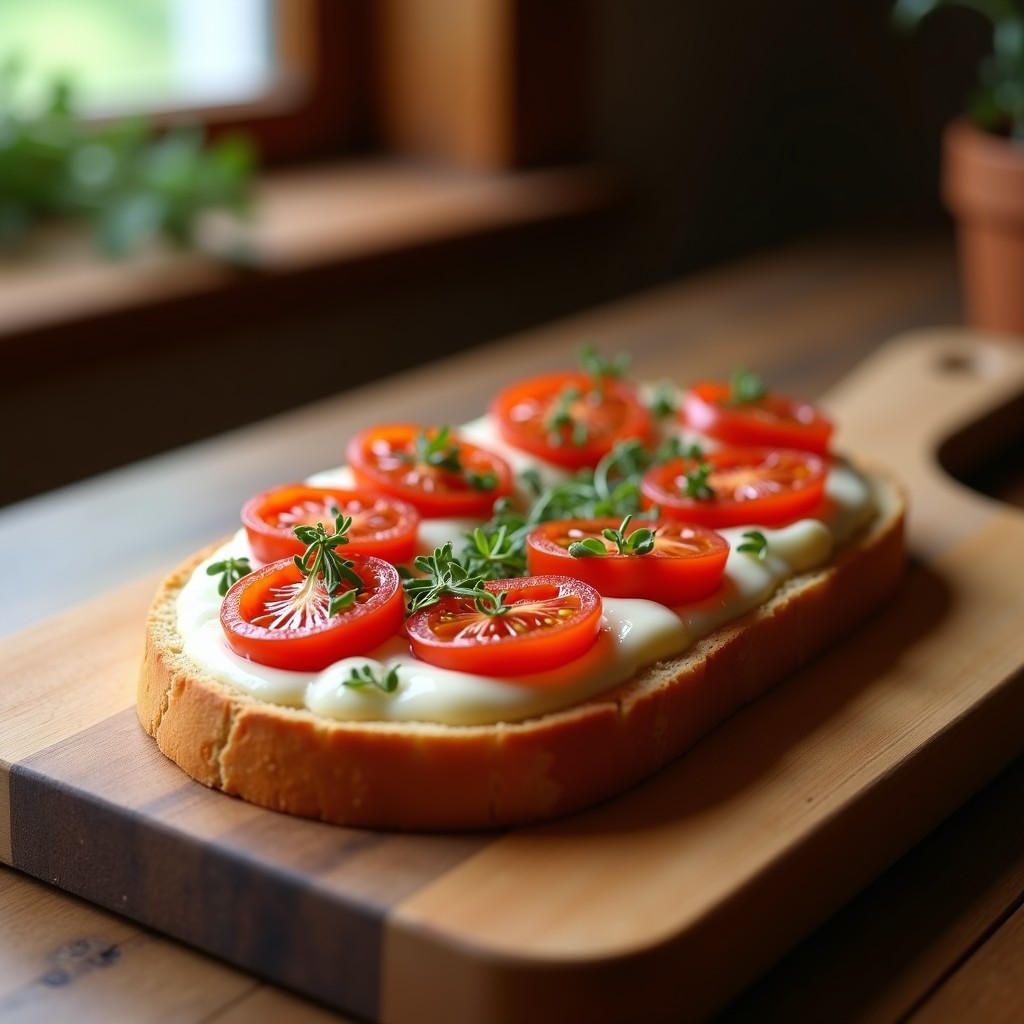 Tartín de pan de espelta tostado con crema de berenjena sedosa, tomates secos en láminas y hierbas frescas, servido en tabla de madera rústica con fondo borroso.