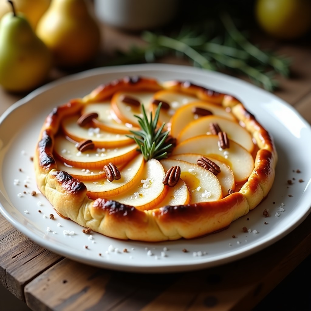 Tartin de peras y queso de cabra en airfryer sin masa, con láminas de pera doradas, queso cremoso fundido y nueces pecanas tostadas, servido en molde individual con decoración de romero y miel de lavanda.