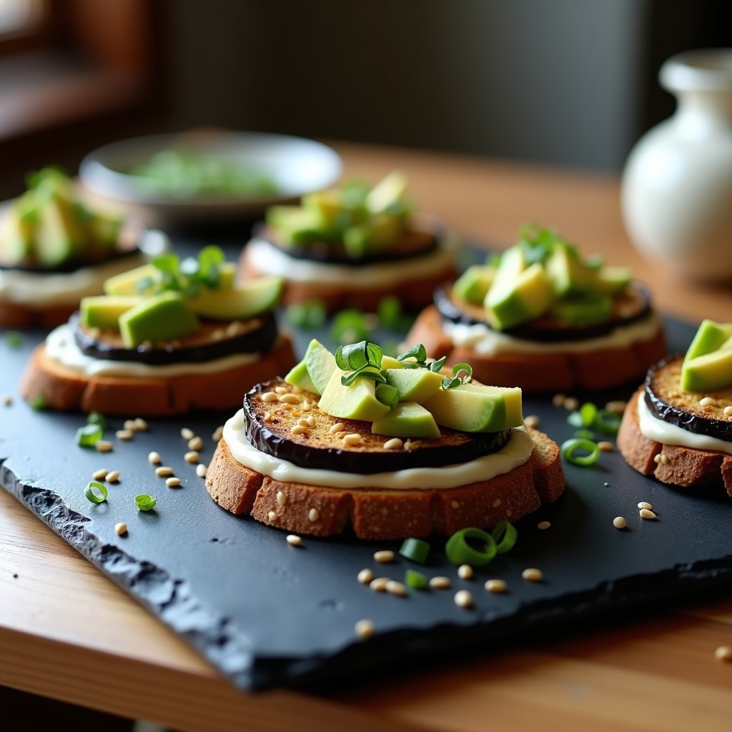 Tartinas de pan de centeno tostado con rodajas de berenjena ahumada, crema de miso blanco y aguacate, decoradas con semillas de sésamo y cebollino fresco, receta vegana y alta en proteína.