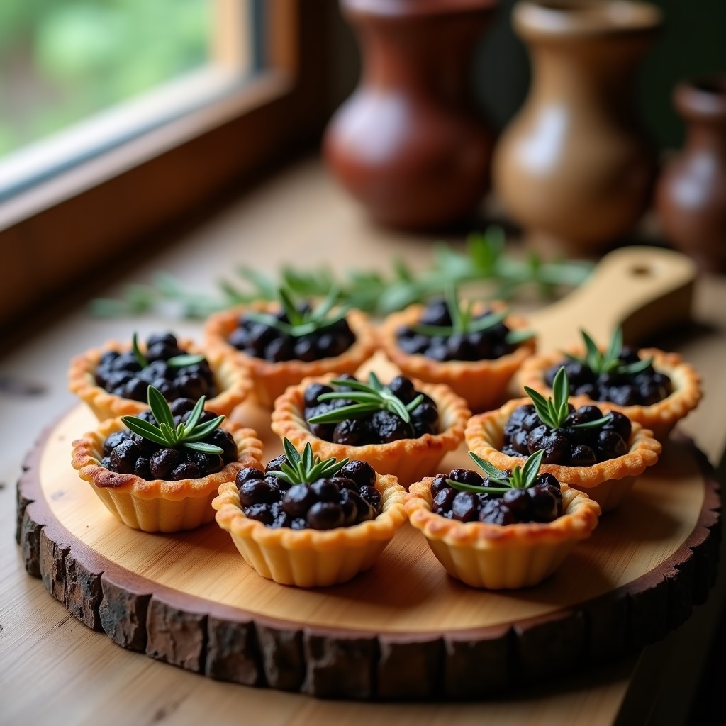 Tarts doradas de aceituna negra y romero keto en moldes individuales, con base crujiente de almendra y relleno de aceitunas picadas y queso feta gratinado, decoradas con hojas de romero fresco sobre un mantel rústico de lino.