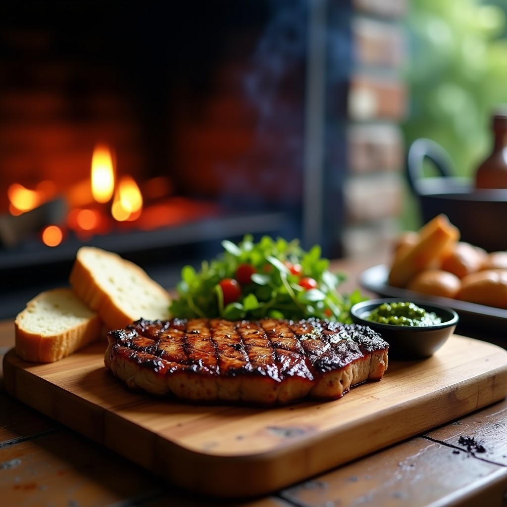Parrilla de leña con trozos grandes de tasajo al palo uruguayo dorados, humeantes y jugosos, listos para servir, acompañados de chimichurri y ensalada fresca.
