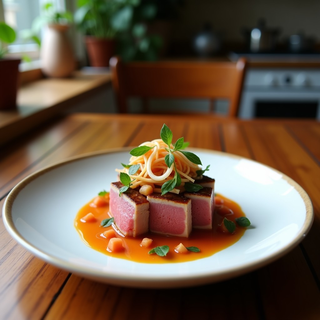 Plato blanco minimalista con tataki de atún en láminas rosadas, higos frescos en cuartos, semillas de sésamo espolvoreadas y reducción de vinagre balsámico brillante, decorado con hojas de menta.