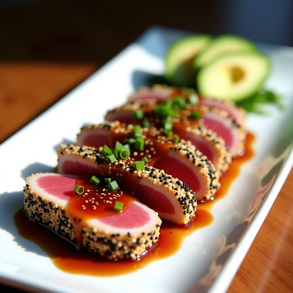 Plato rectangular blanco con láminas de tataki de atún encostrado con especias, dorado por fuera y rosado por dentro, acompañado de salsa de soja, jengibre rallado y cebollino picado, receta airfryer.