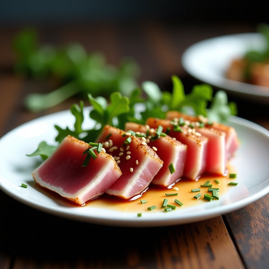 Plato elegante con láminas de tataki de atún sellado, espolvoreado con semillas de sésamo y hierbas provenzales, servido sobre rúcula y decorado con cebollino.