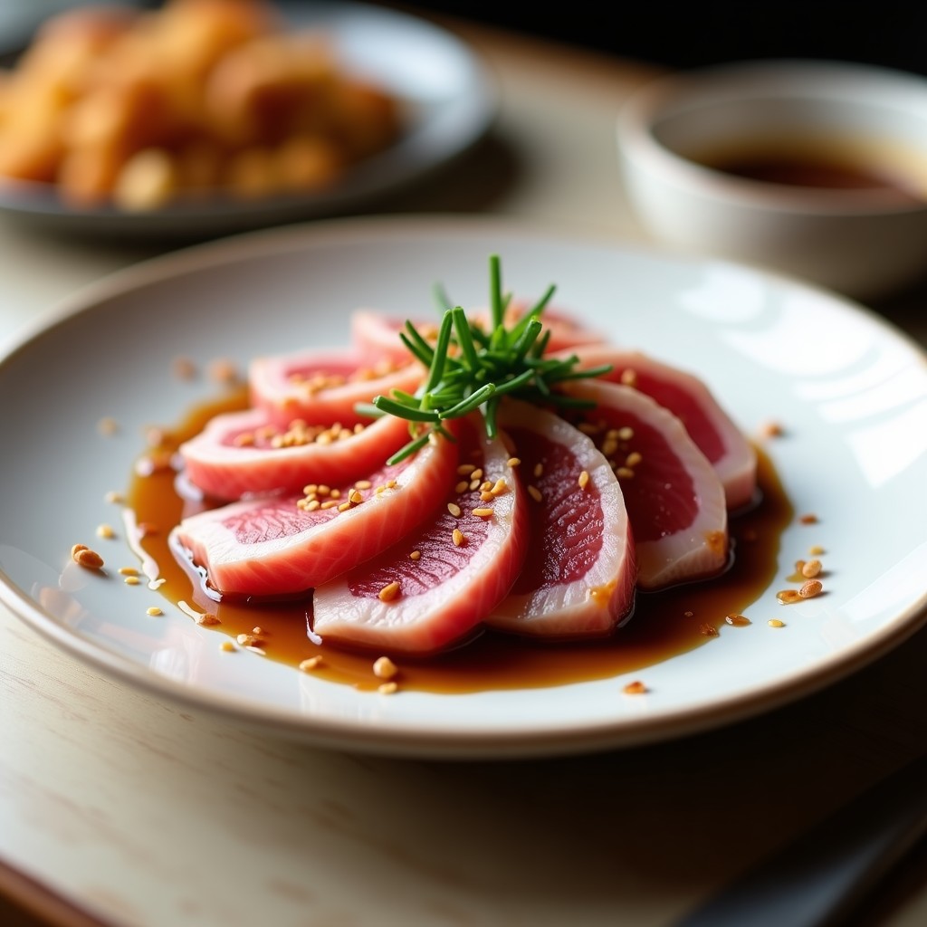 Plato blanco minimalista con láminas rosadas de tataki de atún dispuestas en abanico, bañadas en una salsa oscura y brillante de café y especias, decoradas con semillas de sésamo tostadas y cebollino picado. Receta fusion japonesa-mexicana de tataki de atún con salsa de café.