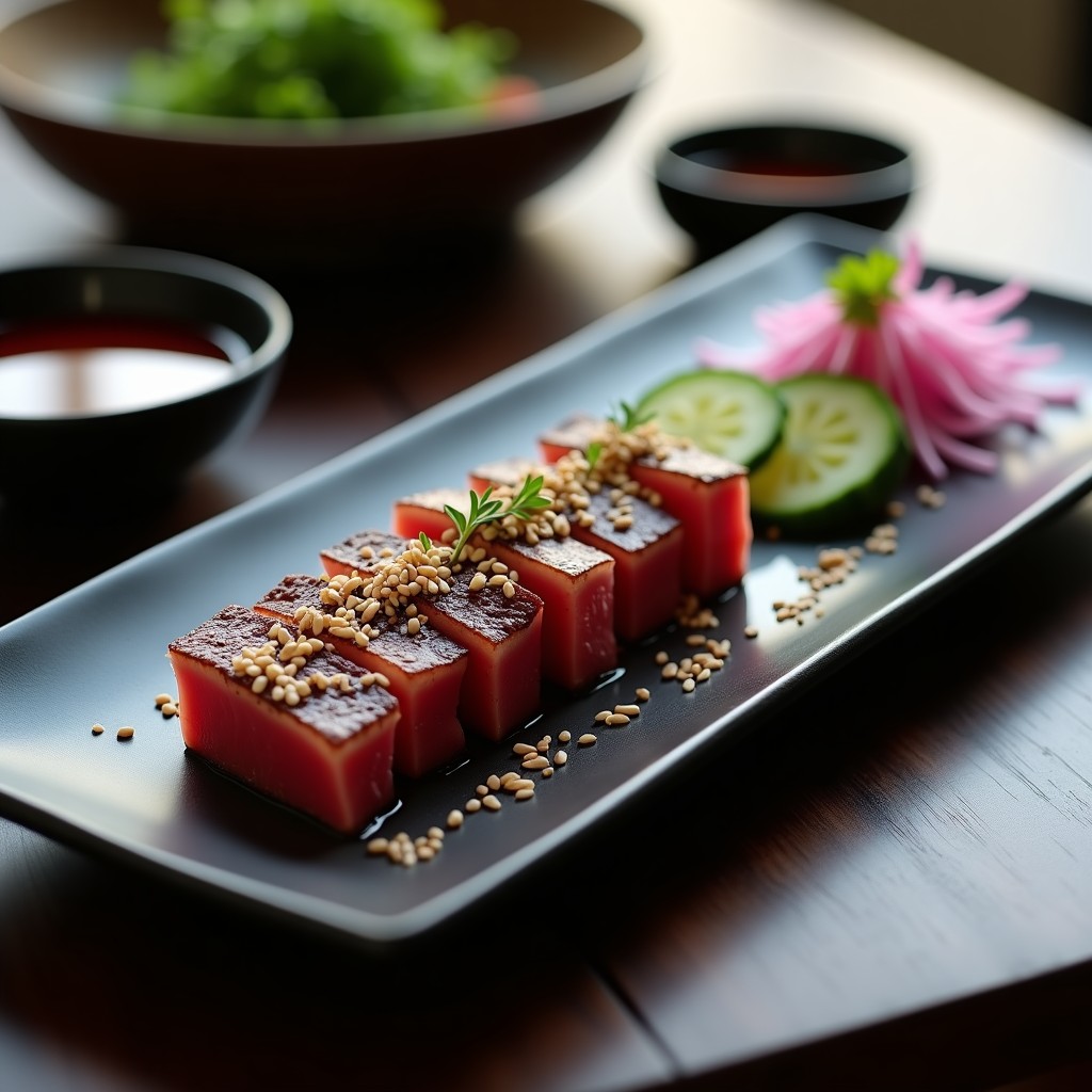 Plato rectangular de cerámica negra con tataki de atún en rodajas finas, cubierto de semillas de sésamo blanco y negro, acompañado de encurtidos de pepino y cebolla morada, y salsa de soja con jengibre.
