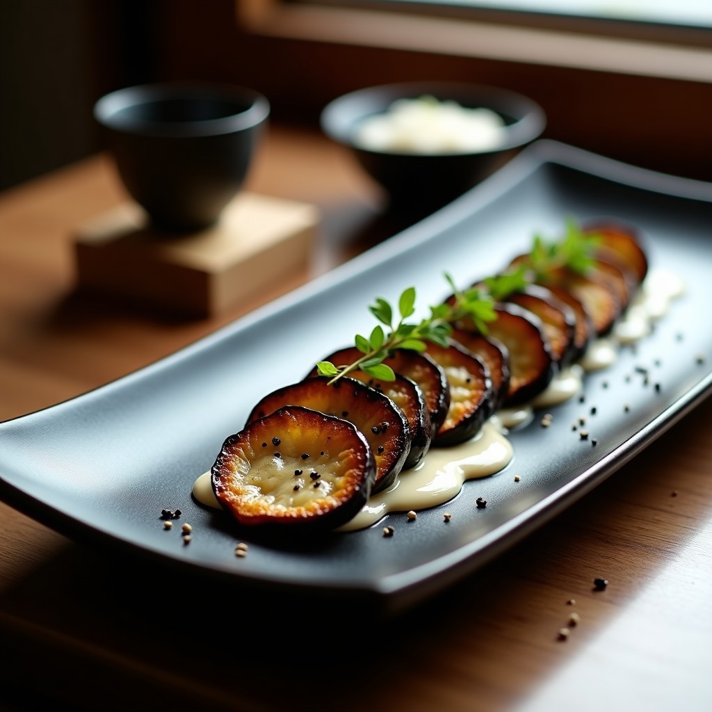 Plato blanco de cerámica con láminas gruesas de tataki de berenjena ahumada, bañadas en salsa de miso blanco brillante, decoradas con semillas de sésamo negro y blanco, cebollino picado y un toque de pimienta de Sichuan. Fondo minimalista con elementos japoneses como palillos y una hoja de shiso.
