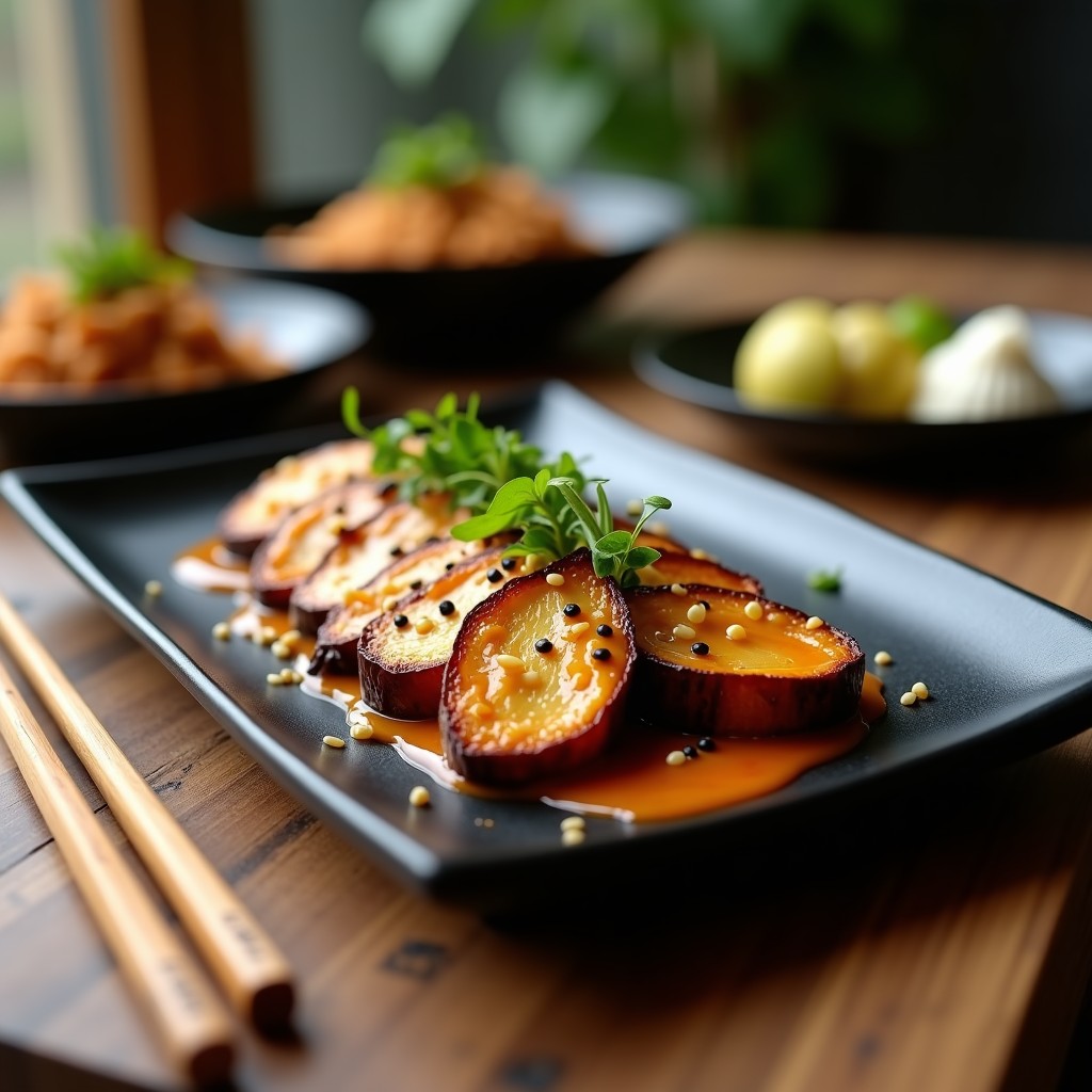 Plato blanco rectangular con tataki de berenjena en torres, bañado en salsa de sésamo y miel de agave, decorado con semillas de sésamo negro y cebollino fresco. Fondo minimalista con elementos japoneses.