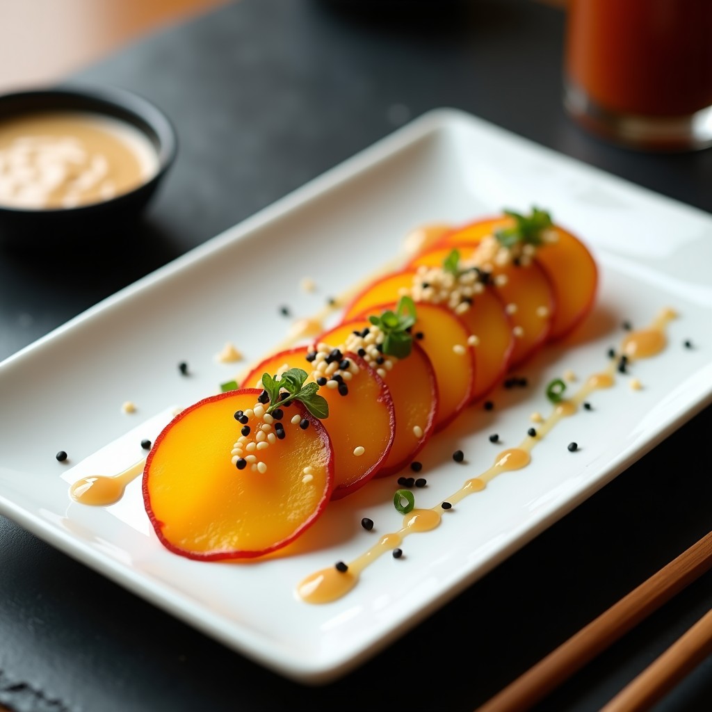 Plato rectangular blanco con tataki de remolacha y jengibre en rodajas doradas, salsa de sésamo cremosa vertida en zigzag, semillas de sésamo negro y blanco espolvoreadas y cebollino fresco. Entrante japonés vegano elegante y colorido.