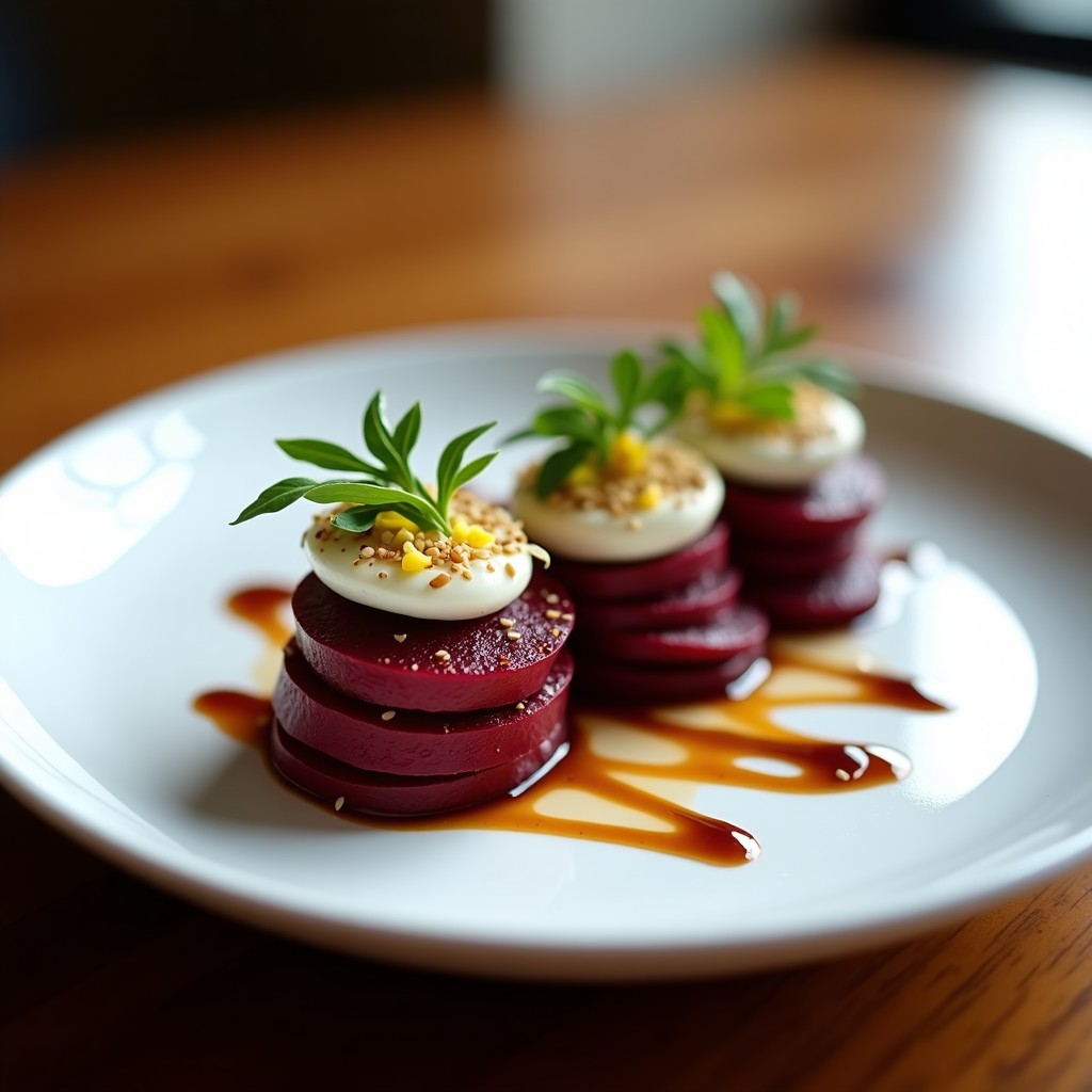 Plato blanco minimalista con tataki de remolacha y queso de cabra vegano apilado en torres delicadas, bañado en reducción brillante de vinagre balsámico. Decorado con semillas de sésamo, zesta de limón y hojas de rúcula. Fondos borrosos con tonos morados y dorados.
