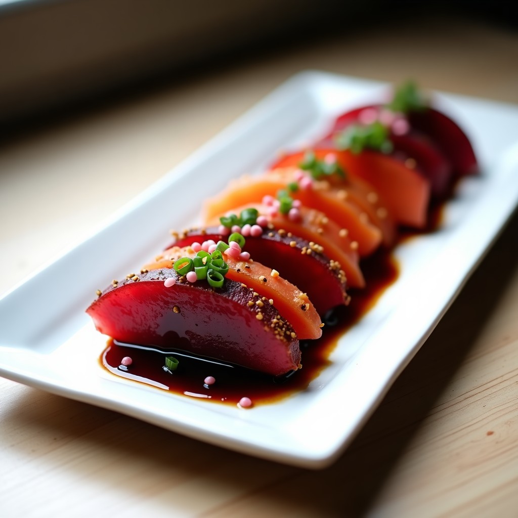 Tataki de Remolacha y Sandía con Salsa de Sésamo Negro: Receta Vegana Japonesa en Airfryer