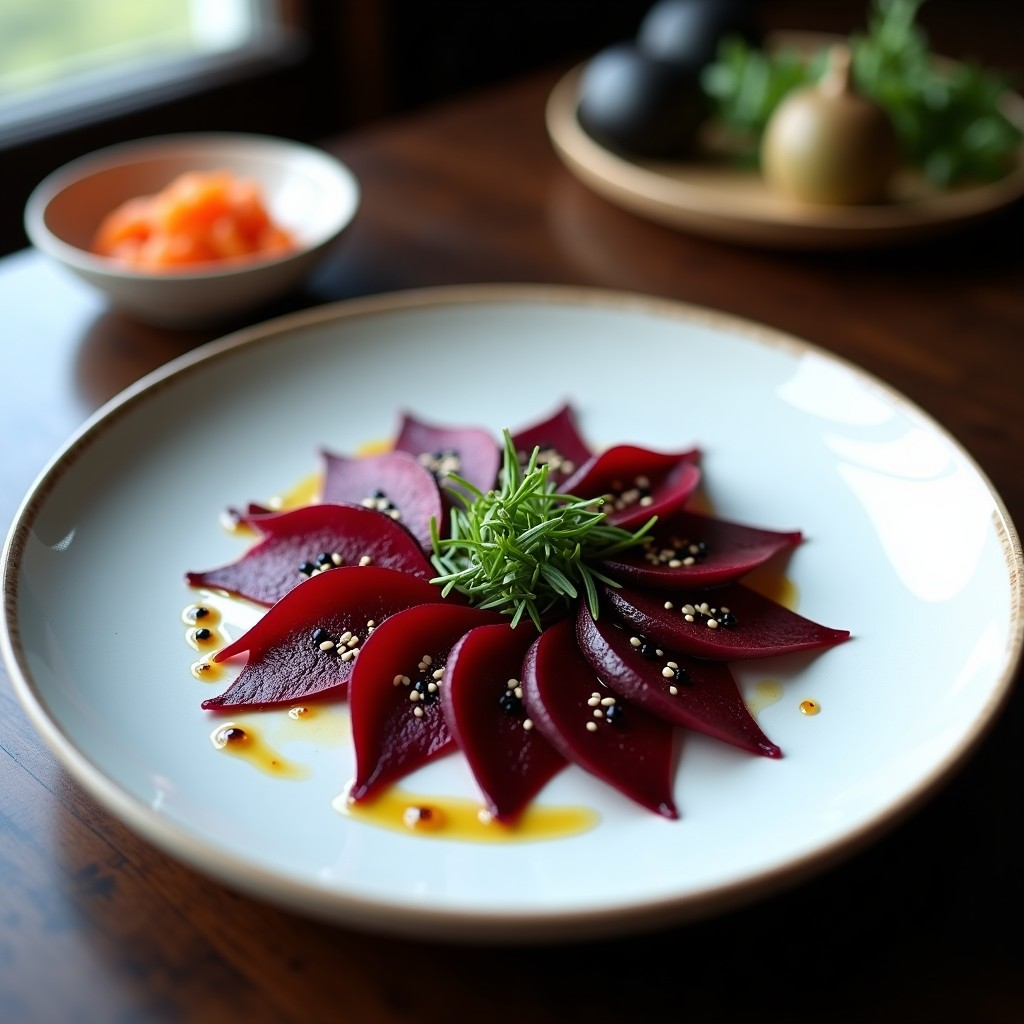 Plato blanco minimalista con tataki de remolacha vegano adobado, rodajas finas de remolacha doradas con semillas de sésamo negro y cebollino fresco, receta japonesa rápida y saludable.