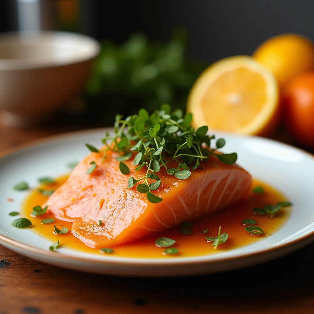 Plato de pizarra con tataki de salmón en rodajas finas, marinado en cítricos, con semillas de sésamo negro y blanco espolvoreadas, cebollino fresco y un hilo de aceite de sésamo. Fondo oscuro con toques de naranja y limón.