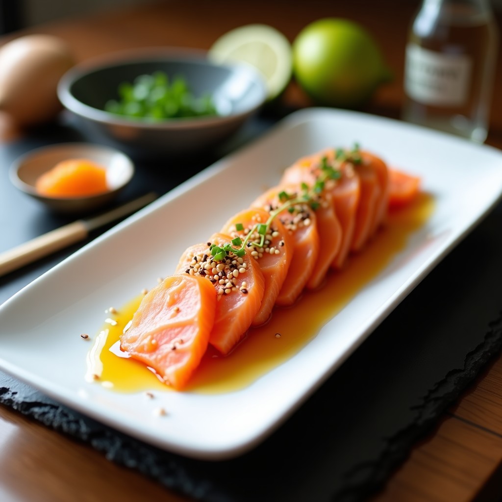 Plato blanco rectangular con tataki de salmón en láminas rosadas, bañadas en marinada de miso y cítricos, decorado con semillas de sésamo, cebollino y rodajas de lima.