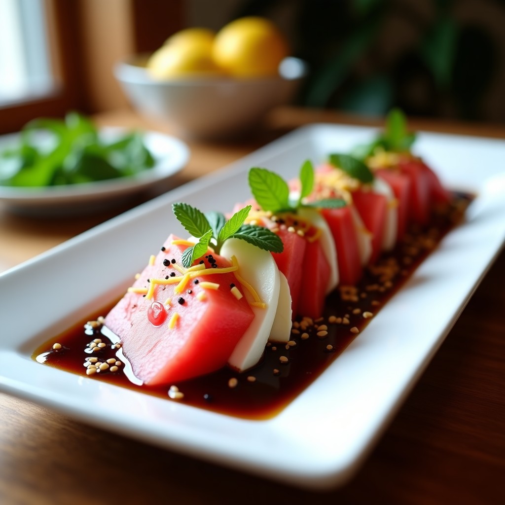 Plato blanco alargado con tataki de sandía y queso feta en láminas finas superpuestas, bañadas con reducción de vinagre balsámico brillante, decorado con hojas de menta fresca, semillas de sésamo y ralladura de limón. Fondos difuminados con tonos verdes y dorados.