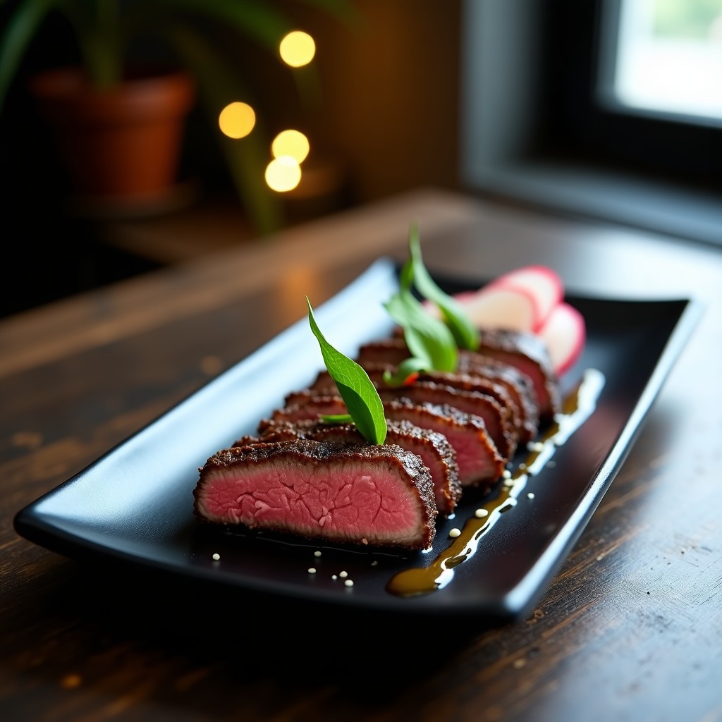 Plato rectangular de cerámica negra con tataki de ternera en láminas finas, costra dorada de café y especias, acompañado de rábanos en láminas y hojas de shiso, receta airfryer crujiente.