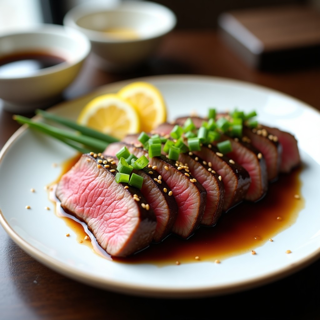 Plato de tataki de ternera en láminas finas, con semillas de sésamo y cebollino, servido sobre base blanca con rodajas de limón y marinado de soja y jengibre.