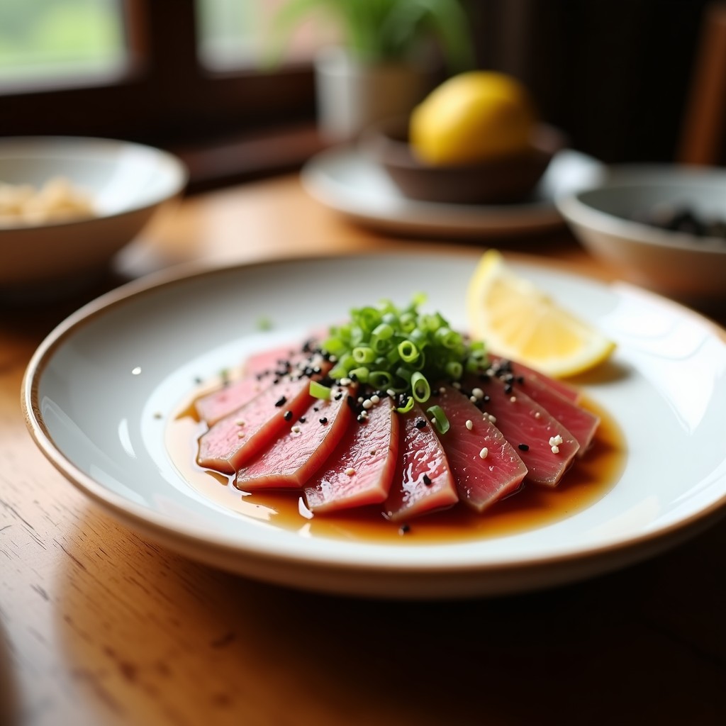 Plato de tataki de ternera japonés con láminas finas de carne sellada, marinadas en salsa de soja y jengibre, decoradas con semillas de sésamo negro y blanco, cebollino y rodaja de limón.