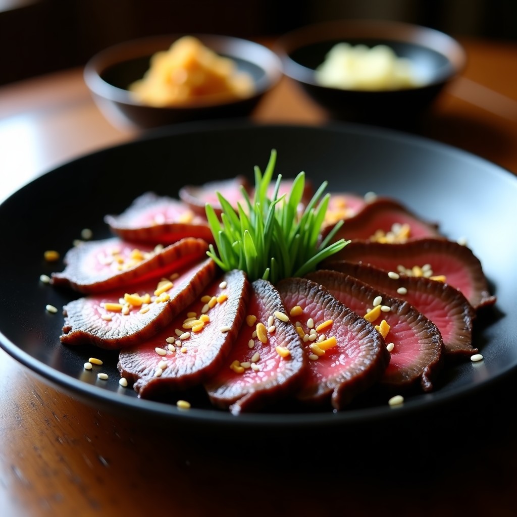Plato negro minimalista con rodajas finas de tataki de ternera sellado, bañadas en salsa ponzu brillante y espolvoreadas con semillas de sésamo y cebollino, acompañado de ralladura de limón.