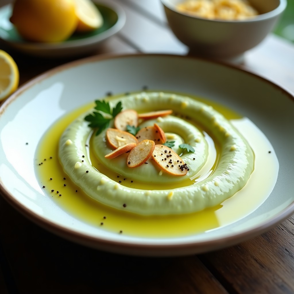 Puré cremoso de espárragos blancos con toques dorados de almendras fileteadas, decorado con perejil fresco y rodajas de limón sobre un plato de cerámica blanca. Receta de tatarev búlgaro keto y sin lácteos.