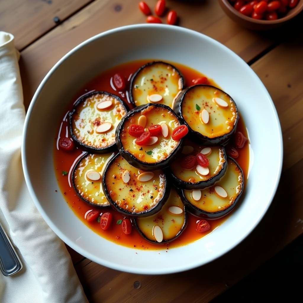 Plato hondo de cerámica oscura con Tatim de Berenjena y Queso de Castañas vegano: capas de berenjena dorada, arroz especiado con azafrán y trozos fundidos de queso de castañas, decorado con almendras fileteadas y hierbas frescas. Toque ahumado visible en el color dorado del plato.