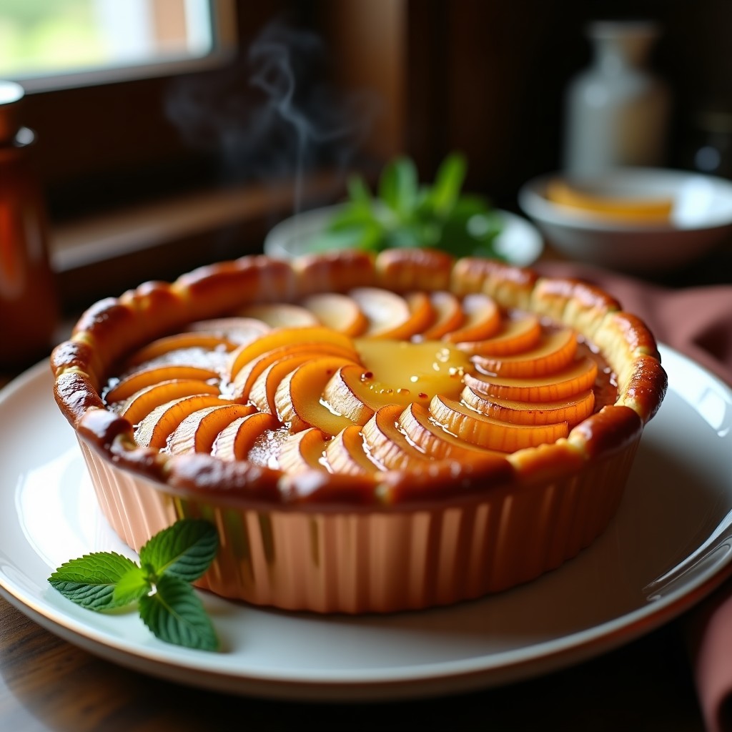 Tarta Tatin de sidra recién horneada en molde de cobre, con manzanas Golden caramelizadas y masa dorada crujiente, servida en plato blanco con fondo de madera rústica y hoja de menta como decoración.