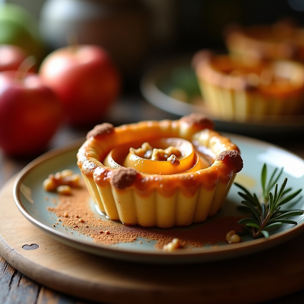 Tartaleta tatin individual dorada en molde de silicona, con queso camembert fundido y manzanas caramelizadas, servida sobre tabla de madera rústica.