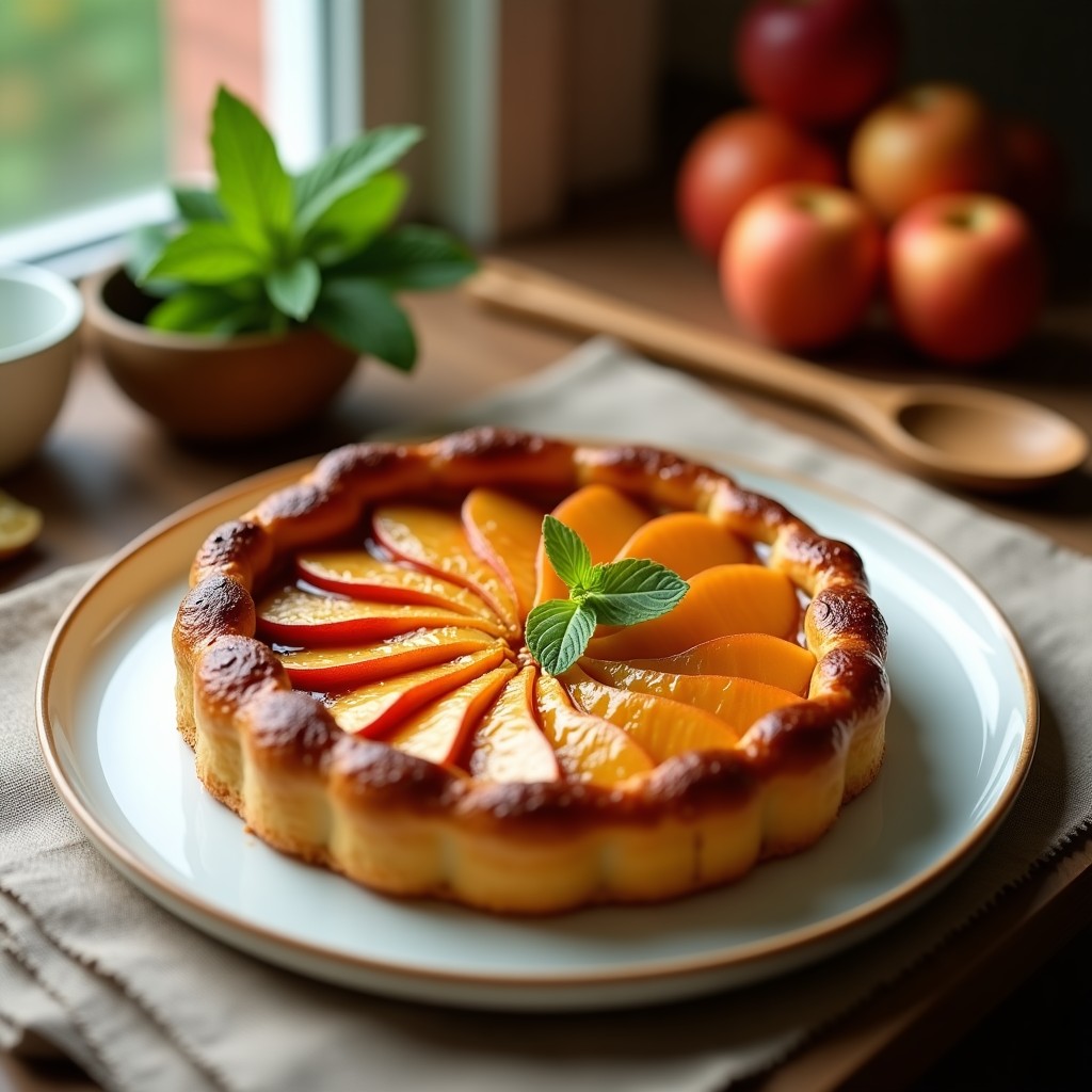 Tart tatin vegano en plato de cerámica blanca, con manzanas caramelizadas doradas y masa crujiente, servido con una cuchara de madera y hojas de menta fresca.