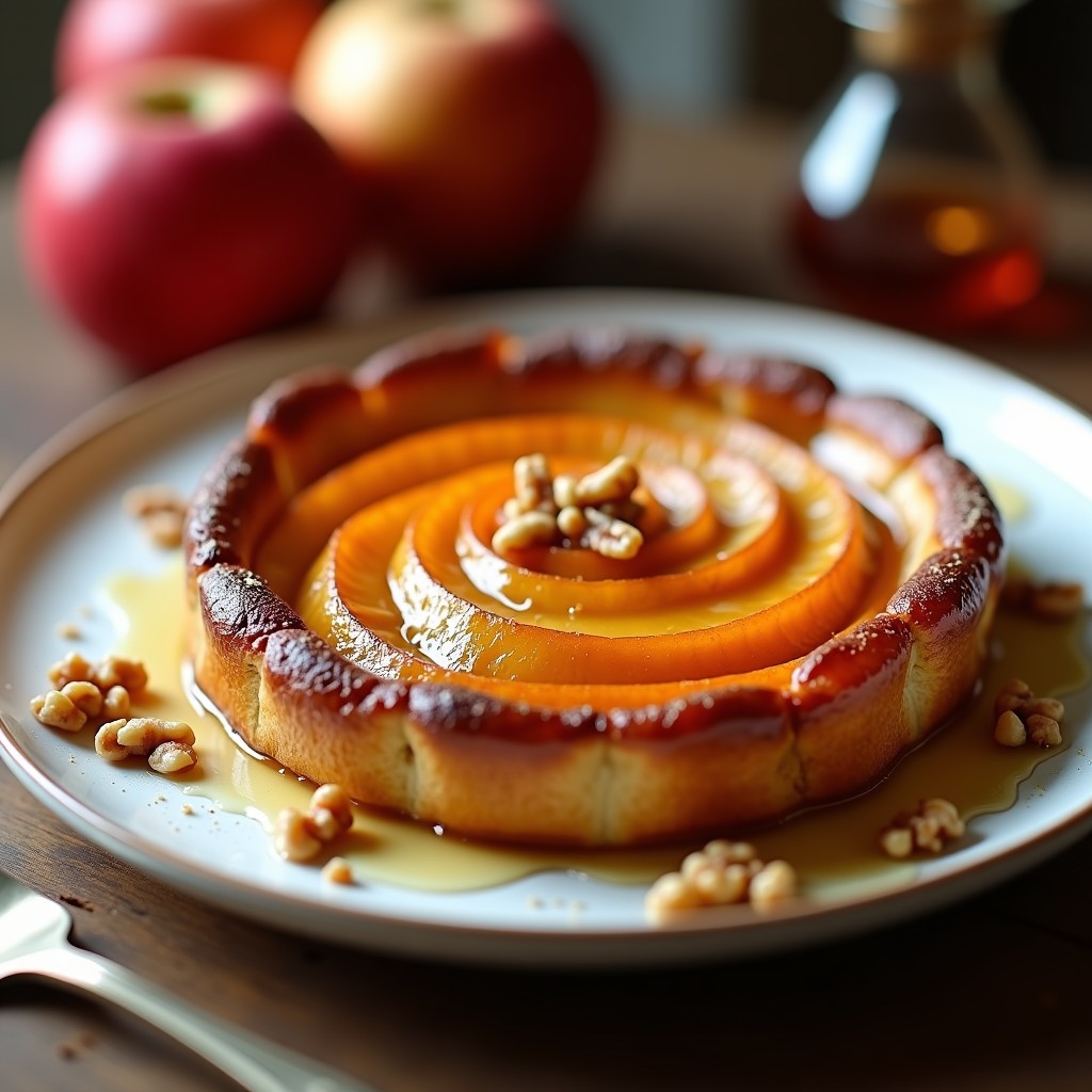 Tarte tatin vegana dorada con manzanas caramelizadas y nueces, servida en plato rústico, receta airfryer sin mantequilla.