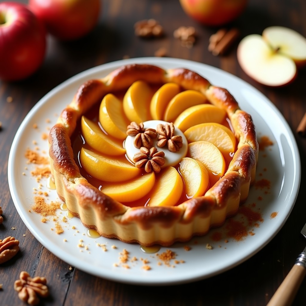 Tatin de manzana vegano recién desmoldado, con manzanas Golden caramelizadas y masa de hojaldre dorada, decorado con nueces picadas y un chorrito de crema de coco.