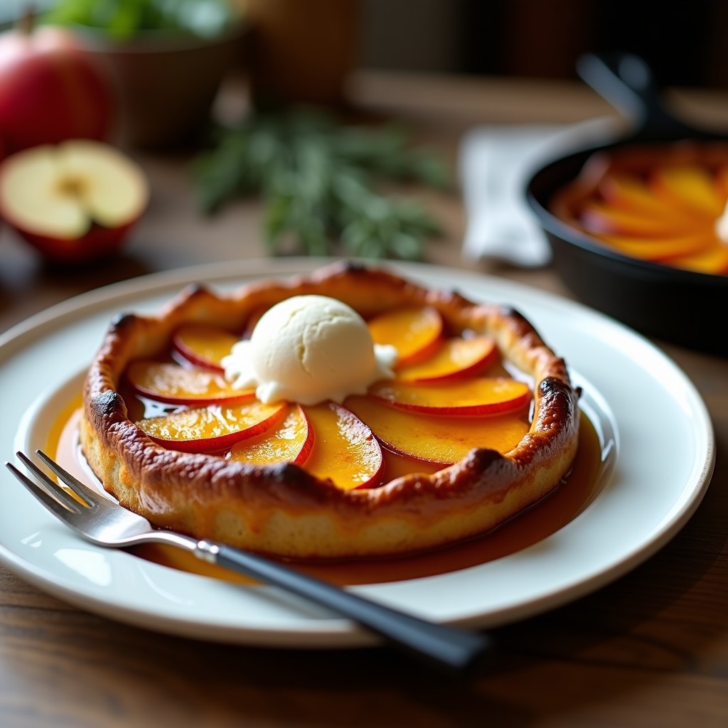 Tatin dorada de manzana y calabaza asada con caramelo brillante de dátiles en sartén de hierro, servida con helado de vainilla sin azúcar.