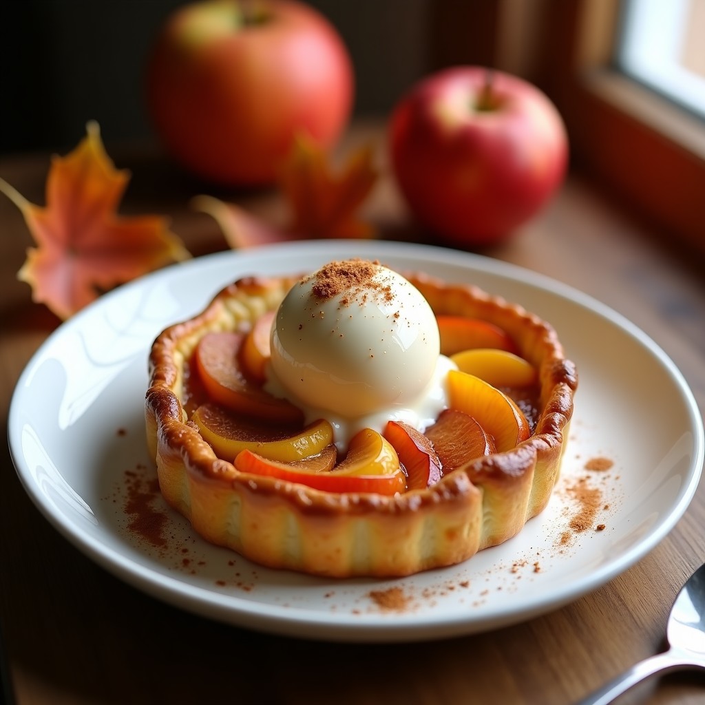 Tatin de manzana y calabaza dorada en sartén de hierro, con caramelo brillante y gajos de manzana visibles, servida con una bola de helado de vainilla sin azúcar y un hilo de crema de almendras, sobre fondo rústico de madera oscura.