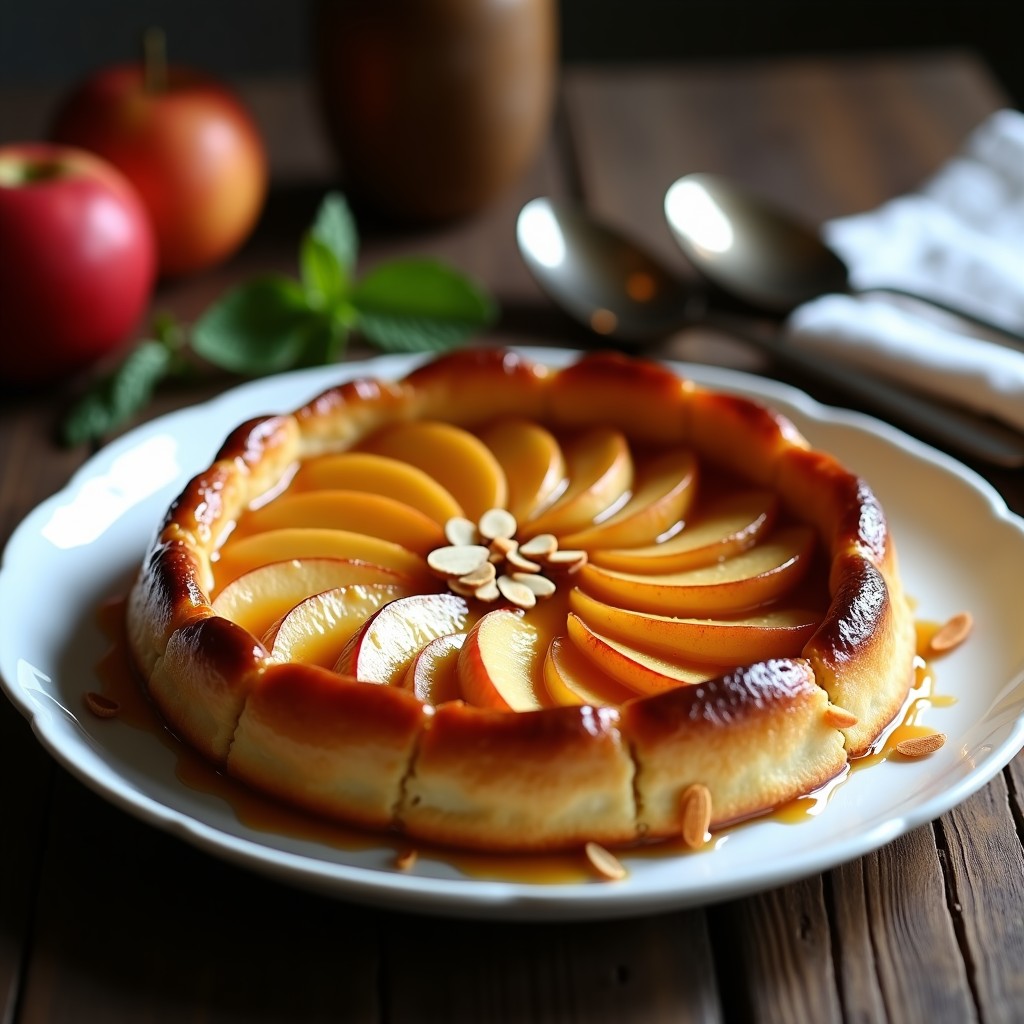 Tarte tatin de manzana caramelizada recién horneada, con manzanas doradas dispuestas en espiral sobre una masa de hojaldre crujiente, caramelo brillante y almendras fileteadas tostadas.