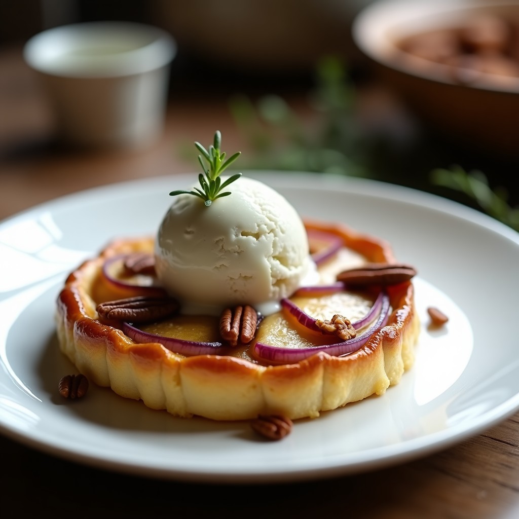 Tatin de Manzana y Cebolla Caramelizada con Helado de Queso Azul: Postre Salado-Dulce Gourmet