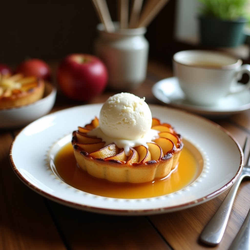 Tatin de manzana dorado con caramelo brillante de miel de agave, servido en plato blanco con bola de helado de coco cremoso y copos de coco espolvoreados. Postre francés vegano y sin gluten.