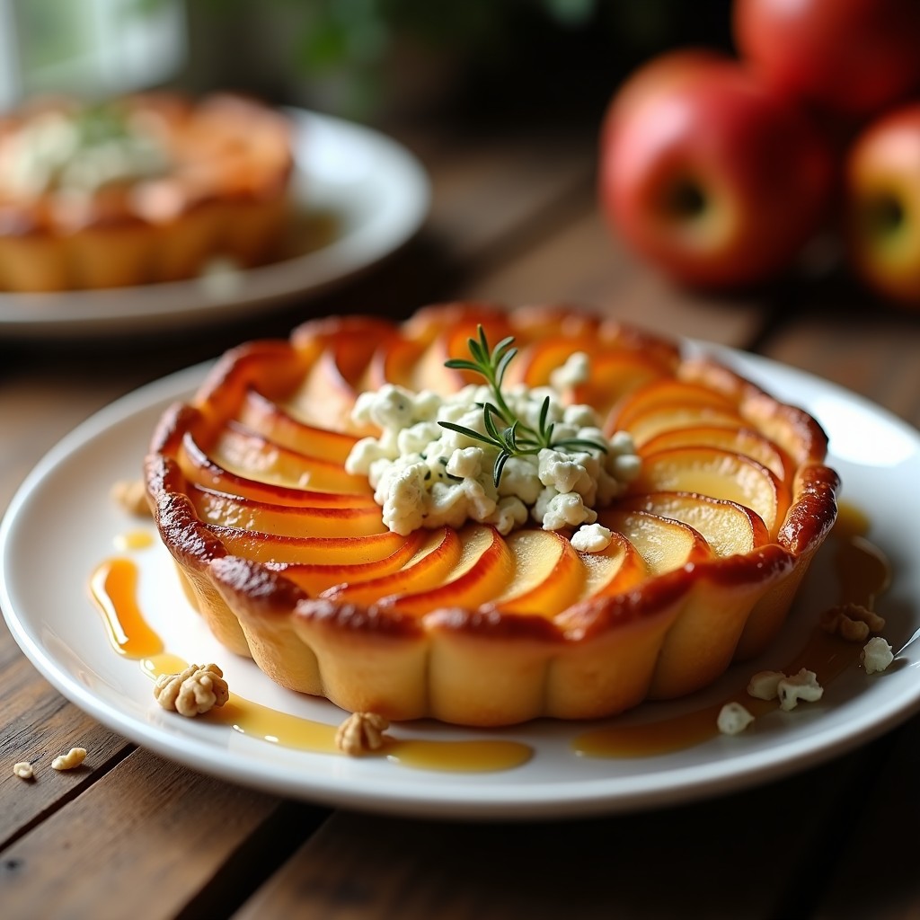 Tatin de manzana dorado con caramelo brillante, decorado con trozos de queso azul y nueces picadas, servido en plato de cerámica blanca sobre fondo rústico de madera.