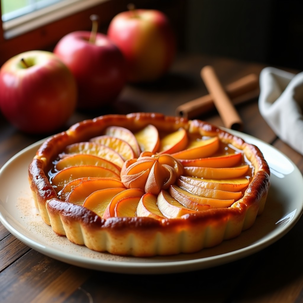 Tarta tatin de manzana sin azúcar recién horneada, con gajos de manzana caramelizados y dorados sobre una masa quebrada crujiente, servida en plato blanco rústico.